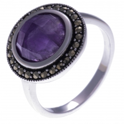 Bague argent rhodié 4g - améthyste facetté - marcassites - diamètre 15mm - T52 à 60