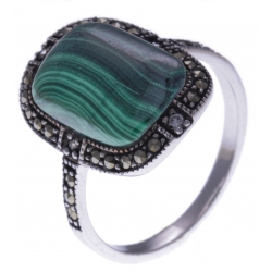 Bague argent rhodié 3g - malachite - marcassites - T52 à 60