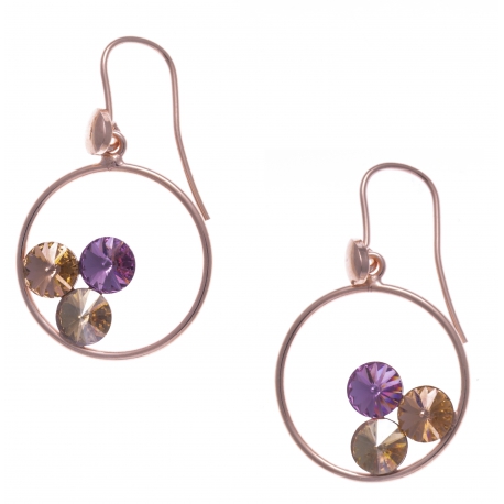 Boucles d'oreille argent rosé 3,7g - cristaux de swarovski - couleur pêche, améthyste et vert clair