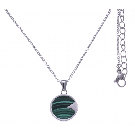 Collier en acier - malachite - diamètre 18mm - longueur 40+10cm