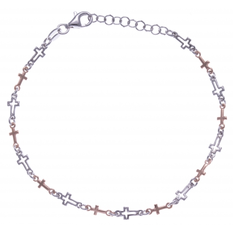 Bracelet argent rhodié 3,3g - 2 tons - croix - 17+3cm