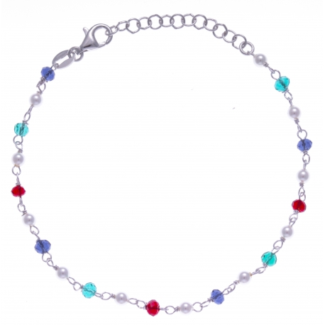 Bracelet argent rhodié 2g - perles multicolores - 17+3cm
