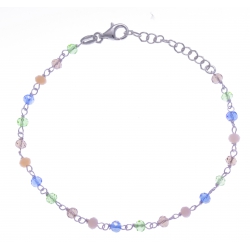 Bracelet argent rhodié 2g - perles de couleur vert, gris rose et bleu - 17+3cm