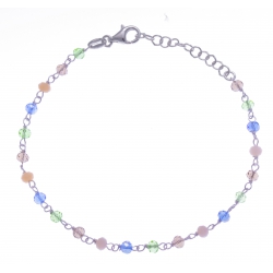 Bracelet argent rhodié 2g - perles de couleur vert, gris rose et bleu - 17+3cm