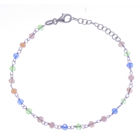 Bracelet argent rhodié 2g - perles de couleur vert, gris rose et bleu - 17+3cm