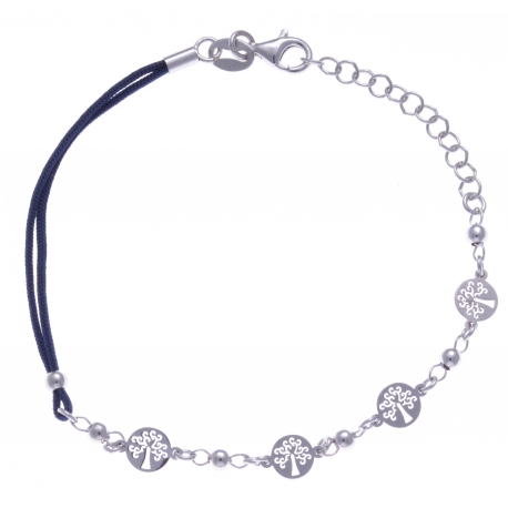 Bracelet argent rhodié 2,5g - arbres de vie - cordon bleu foncé - 17+3cm