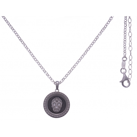 Collier argent rhodié 7g - 2 tons - tête de mort - diamètre 18mm - 45+5cm