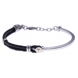 Bracelet acier - moitié acier - moiti cuir tressé italien noir - or jaune 18KT 0,02gr - 19,5+1,5cm - réglable