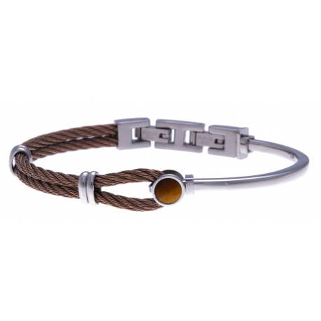 Bracelet acier - câble acier marron - cabochon il de tigre - 19,5+1,5cm - réglable