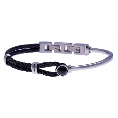 Bracelet acier - câble acier noir - cabochon onyx - 19,5+1,5cm - réglable