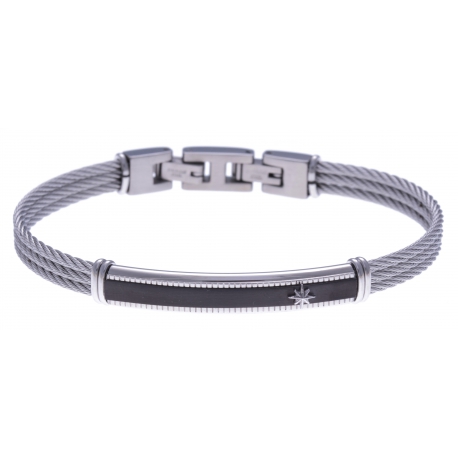 Bracelet acier - 2 tons - 3 câbles acier -  plaque noire - étoile - 19,5+1,5cm - réglable
