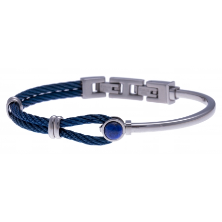 Bracelet acier - câble acier bleu - cabochon lapis lazuli - 19,5+1,5cm - réglable