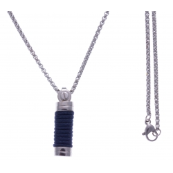 Collier acier 2 tons - 2 câble blancs - corde bleu foncée - 50cm