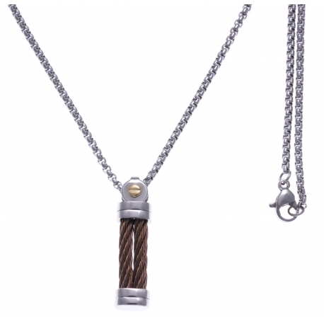 Collier acier 2 tons - 2 câbles en acier marron - vis en or jaune 18KT 0,02gr - 50cm