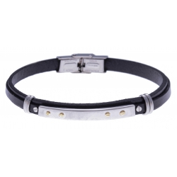 Bracelet acier - cuir italien noir - or jaune 18KT  0,06gr - 21,5cm - réglable