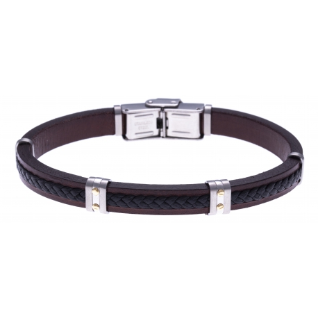 Bracelet acier - cuir tressé noir - cuir marron - or jaune 18KT 0,06gr - 21,5cm - réglable