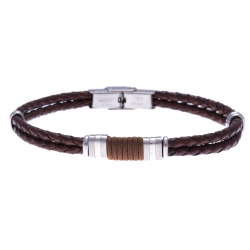 Bracelet acier - cuir italien marron - cordon marron - 21,5cm - réglable