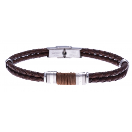 Bracelet acier - cuir italien marron - cordon marron - 21,5cm - réglable