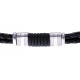 Bracelet acier - cuir italien noir - cordon noir - 21,5cm - réglable