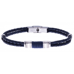 Bracelet acier - cuir italien bleu - cordon bleu - 21,5cm - réglable