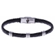 Bracelet acier - cuir tressé  italien noir  - 21,5cm - réglable