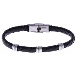 Bracelet acier - cuir tressé  italien noir  - 21,5cm - réglable