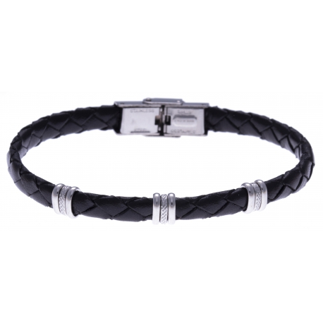 Bracelet acier - cuir tressé  italien noir  - 21,5cm - réglable