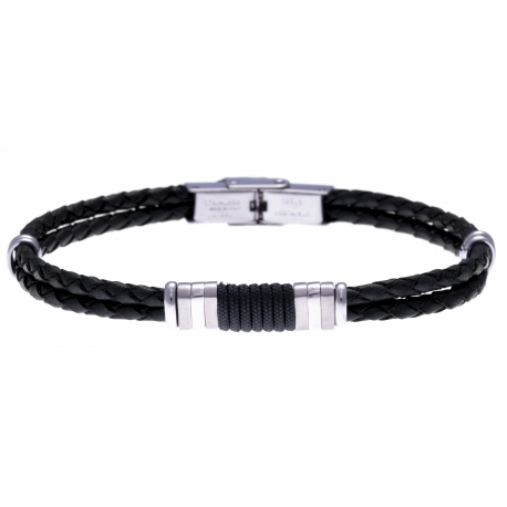 Bracelet acier - cuir italien noir - cordon noir - 21,5cm - réglable