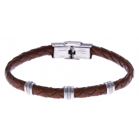 Bracelet acier - cuir tressé  italien marron  - 21,5cm - réglable