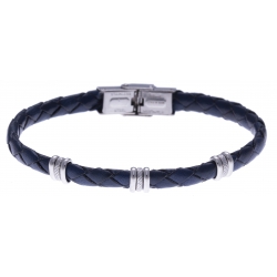 Bracelet acier - cuir tressé  italien bleu  - 21,5cm - réglable