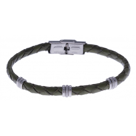Bracelet acier - cuir tressé  italien vert militaire - 21,5cm - réglable