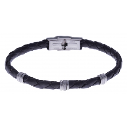 Bracelet acier - cuir tressé italien gris - 21,5cm - réglable