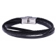 Bracelet acier - cuir italien et cuir tressé italien noir  - 3 rangs - 21,5cm - réglable