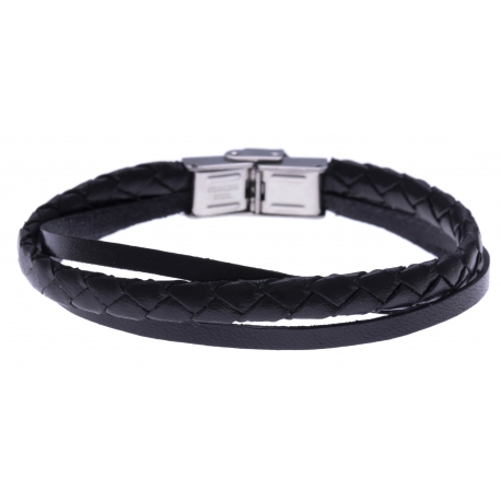 Bracelet acier - cuir italien et cuir tressé italien noir  - 3 rangs - 21,5cm - réglable