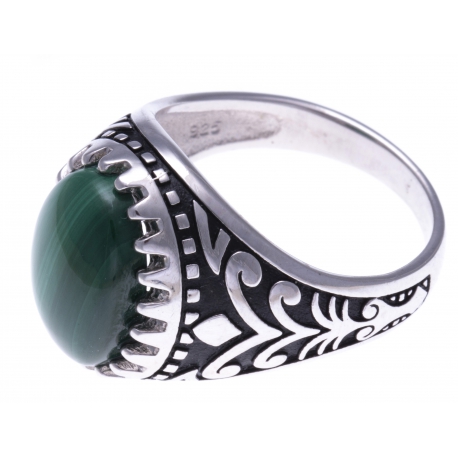 Bague en argent rhodié 7,2g - 2 tons - malachite - T56 à 70