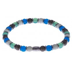 Bracelet acier - verre de murano - tons bleu clair, bert, gris, blanc - élastique - 20cm