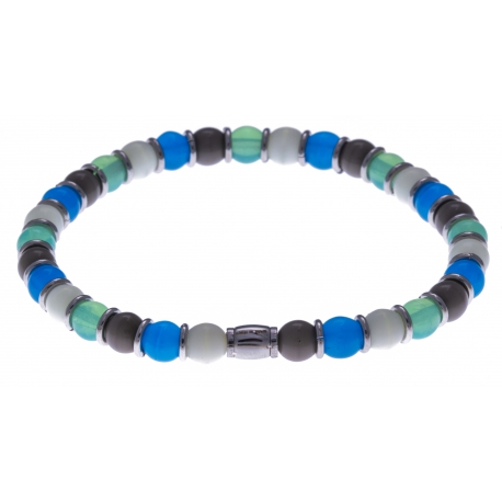 Bracelet acier - verre de murano - tons bleu clair, bert, gris, blanc - élastique - 20cm
