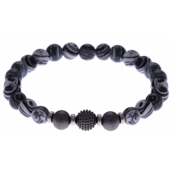 Bracelet acier pour homme - élastique - imitation malachite noire et blanche (plastique) - 21cm