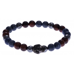 Bracelet acier pour homme - élastique - il de taureau - corail reconstituté et teinté bleu - hématite - tête de mort noire-21cm