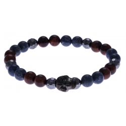 Bracelet acier pour homme - élastique - il de taureau - corail reconstituté et teinté bleu - hématite - tête de mort noire-21cm