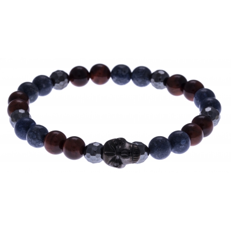 Bracelet acier pour homme - élastique - il de taureau - corail reconstituté et teinté bleu - hématite - tête de mort noire-21cm