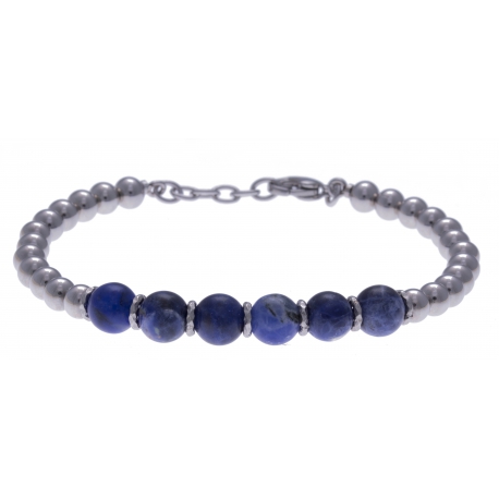 Bracelet acier - 6 billes sodalite 8mm - 19+4cm