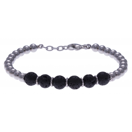 Bracelet acier - 6 billes pierre de lave 8mm - 19+4cm