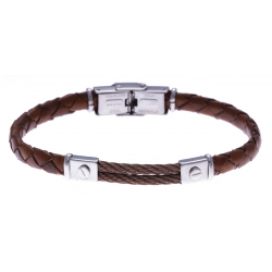 Bracelet acier - cuir marron tressé italien - 2 câbles marron  - 21,5cm - réglable