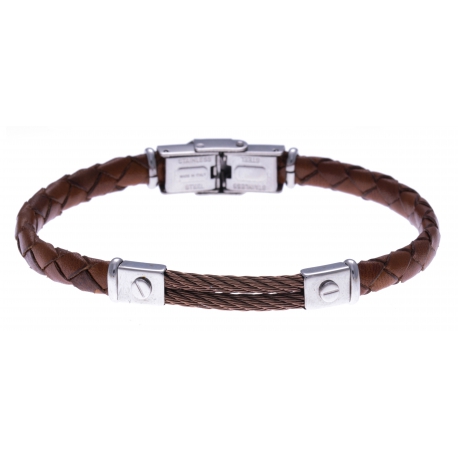 Bracelet acier - cuir marron tressé italien - 2 câbles marron  - 21,5cm - réglable