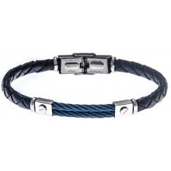 Bracelet acier - cuir bleu tressé italien - 2 câbles bleu  - 21,5cm - réglable