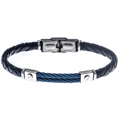 Bracelet acier - cuir bleu tressé italien - 2 câbles bleu  - 21,5cm - réglable