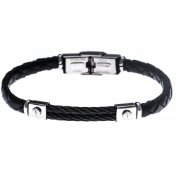 Bracelet acier - cuir noir tressé italien - 2 câbles noir - 21,5cm - réglable