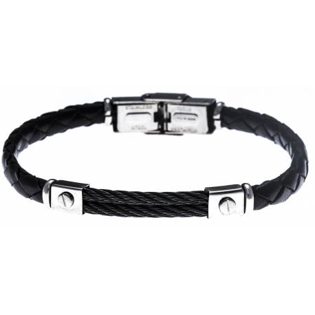 Bracelet acier - cuir noir tressé italien - 2 câbles noir - 21,5cm - réglable