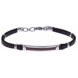 Bracelet acier - cuir marron italien - câble marron - 19+4cm